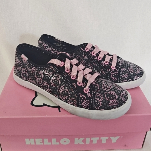 Keds x Hello Kitty Celeb Sneakers Black Pink Metallic Sequin Lace Up Sanrio 2.5‎ - Picture 1 of 11